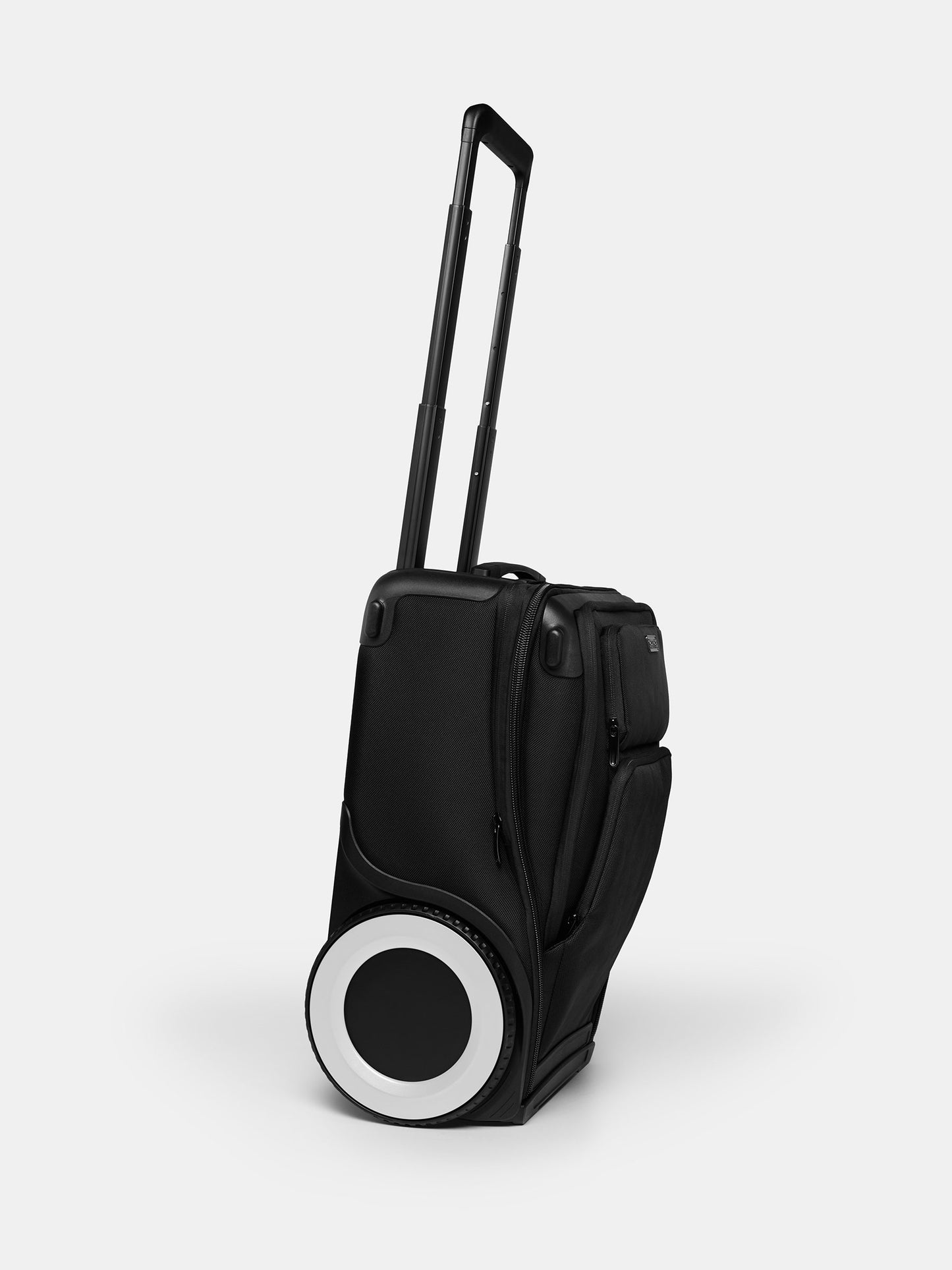 A front angled shot of the white wheeled Carry-On with the handle raised all the way.