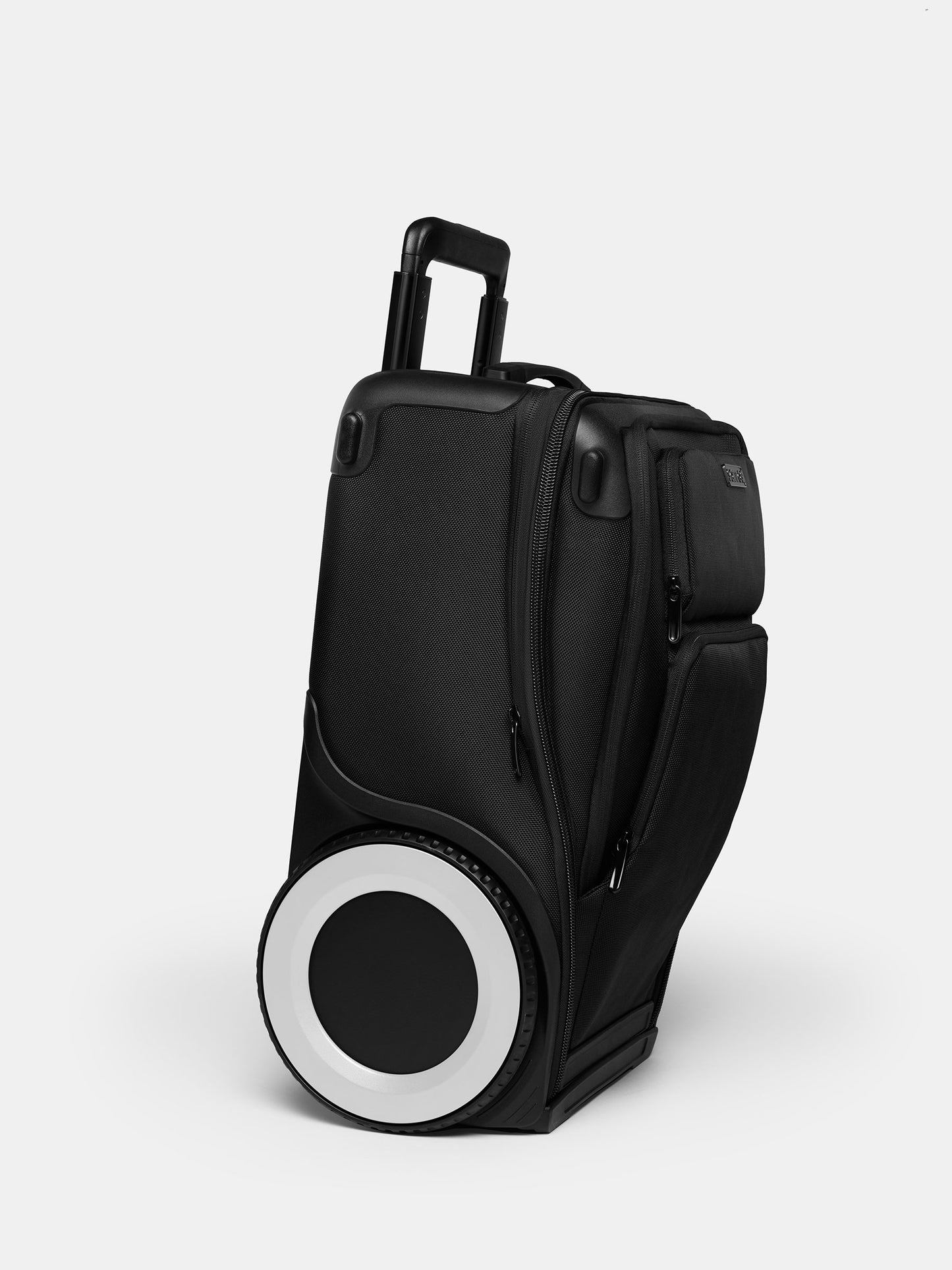 A front angled shot of the white wheeled Carry-On.