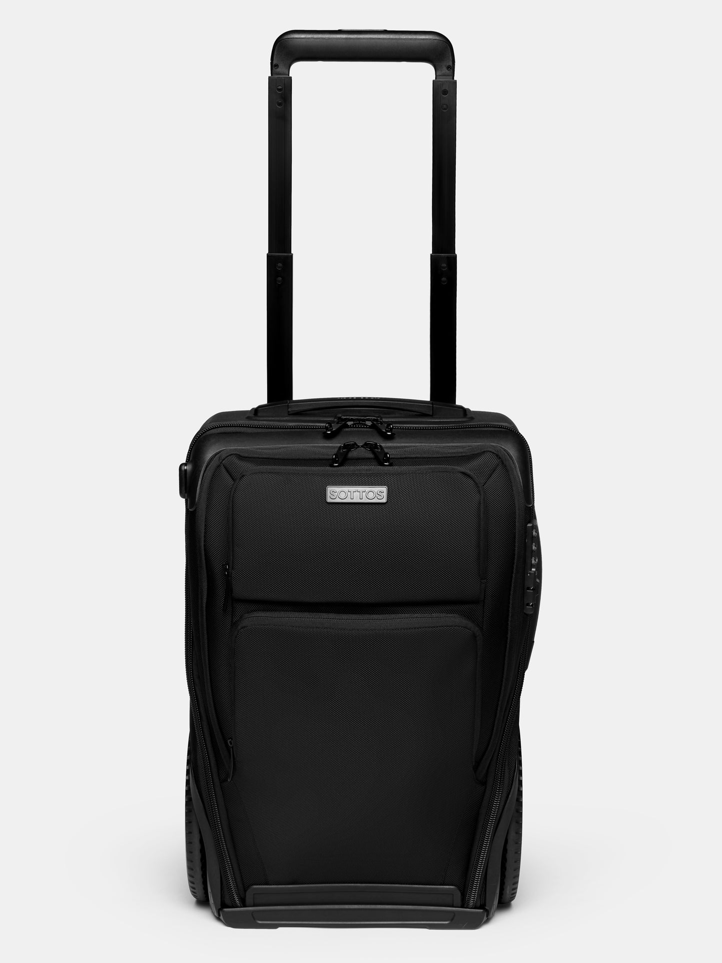 Front view of the SOTTOS Carry-on luggage in black with the handle raised.